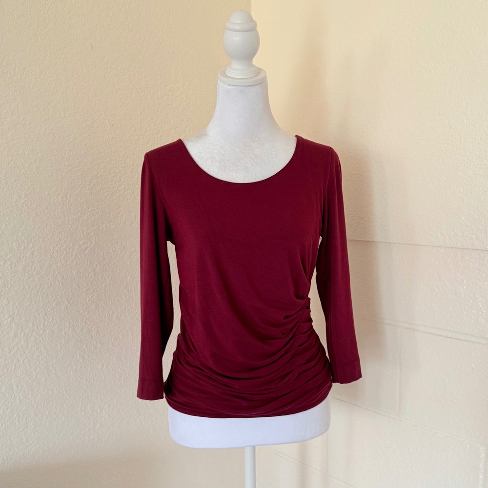 Soft Surroundings Ruched Top Womens Small Burgundy 3/4 Sleeve Scoop Neck Casual